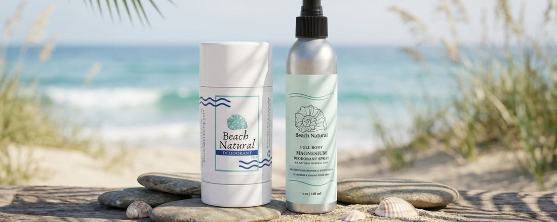 Beach Natural magnesium deodorant stick and Full Body Magnesium Deodorant Spray on the beach