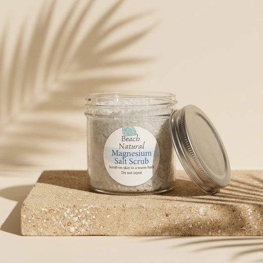 Beach Natural Magnesium Salt Scrub jar, handcrafted with Dead Sea salt on the Outer Banks
