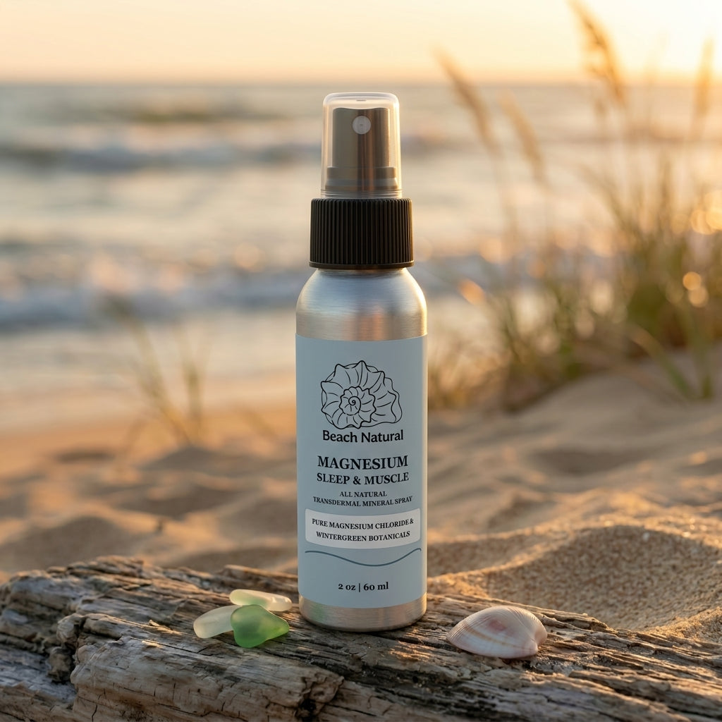 Beach Natural Magnesium Sleep & Muscle Spray on driftwood at sunset